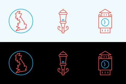 Set line Big Ben tower, England map and Vintage street light icon. Vector Stock Illustration