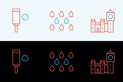 Set line Big Ben tower, Wood cricket bat and ball and Water drop icon. Vector Stock Illustration