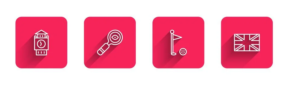 Set line Big Ben tower, Magnifying glass, Golf flag and Flag of Great Brita.. Stock Illustration