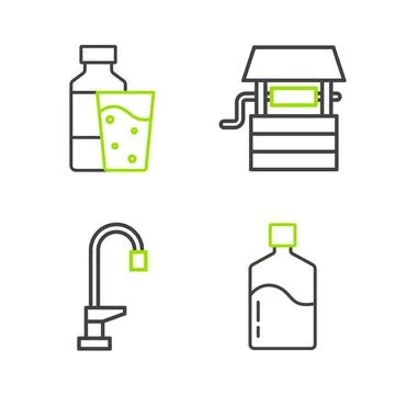 Set line Big bottle with clean water, Water tap, Well bucket and Bottle of gl Illustration