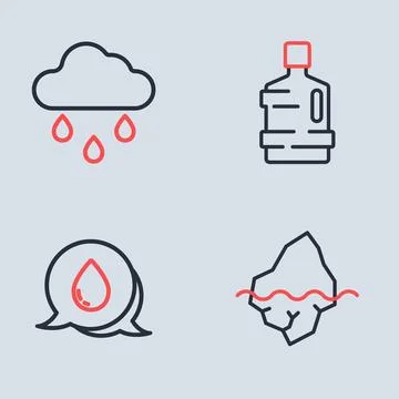 Set line Big bottle with clean water, Water drop speech bubbles, Iceberg an.. Stock Illustration