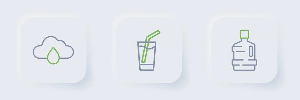 Set line Big bottle with clean water, Glass and Cloud rain icon. Vector Stockillustratie