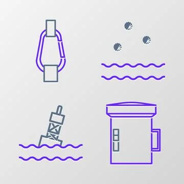 Set line Big flashlight for diver, Floating buoy on the sea, Cold and waves.. 库存插图
