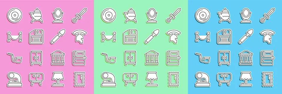 Set line Big full length mirror, Book, Roman army helmet, Round makeup, Floppy Ilustración de archivo