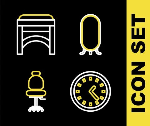 Set line Big full length mirror, Clock, Office chair and Chair icon. Vector Illustrazione stock