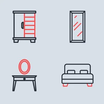 Set line Big full length mirror, Dressing table, bed and Wardrobe icon. Vecto Stock Illustration
