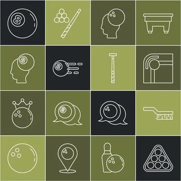 Set line Billiard balls in rack triangle, Pool table brush, Bowling, and cue Illustrazione stock