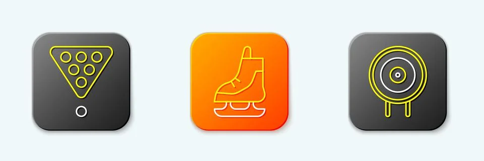Set line Billiard balls in rack triangle, Skates and Target sport icon. Vecto Stock Illustration