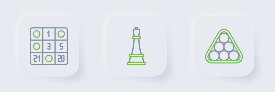 Set line Billiard balls in triangle, Chess and Bingo card icon. Vector Stock Illustration