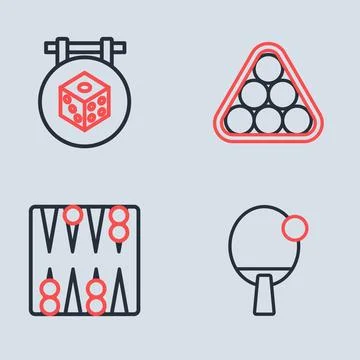 Set line Billiard balls in triangle, Backgammon board, Racket and Game dice.. Stock Illustration