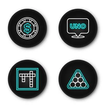 Set line Billiard balls in triangle, Bingo, Uno card game and Casino chip w.. Stock Illustration