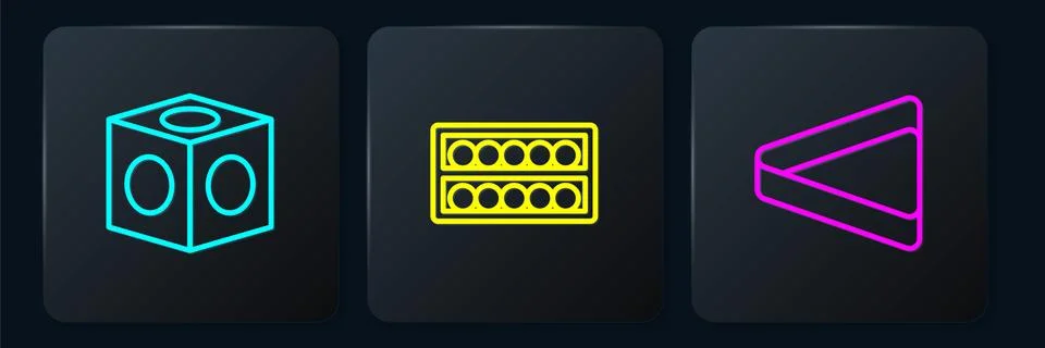 Set line Billiard chalk, triangle and balls on stand. Black square button Illustrazione stock