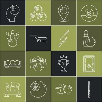 Set line Billiard cue, table, Bowling pin and ball, Location with bowling, Pool Stock Illustration