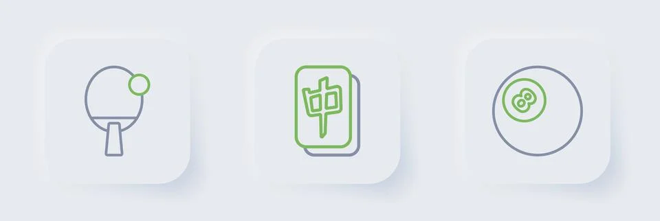 Set line Billiard pool snooker ball, Mahjong pieces and Racket icon. Vector Stock Illustration