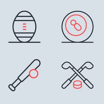 Set line Billiard pool snooker ball, Baseball bat with, Ice hockey sticks a.. Stock Illustration