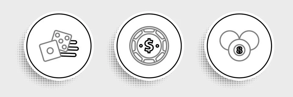 Set line Billiard pool snooker 8 ball, Game dice and Casino chip with dolla.. Stock Illustration