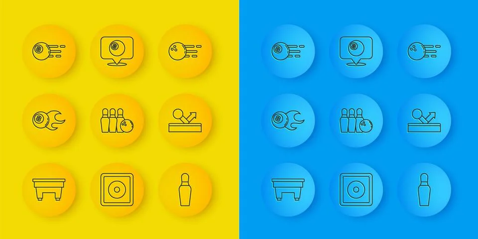 Set line Billiard table, ball, Bowling pin and,  and Location with billiard.. Stock Illustration
