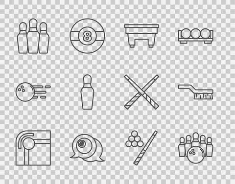 Set line Billiard table, Bowling pin and ball, cue and Pool brush icon. Vector Stock Illustration