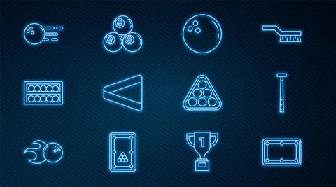 Set line Billiard table, cue, Bowling ball, triangle, balls on stand, rack and Illustrazione stock