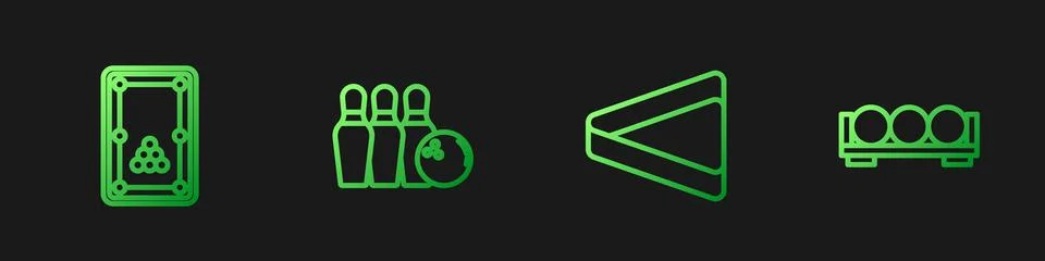 Set line Billiard triangle, table, Bowling pin and ball and balls on stand Illustrazione stock