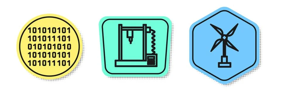 Set line Binary code, 3D printer and Wind turbine. Colored shapes. Vector Stock Illustration