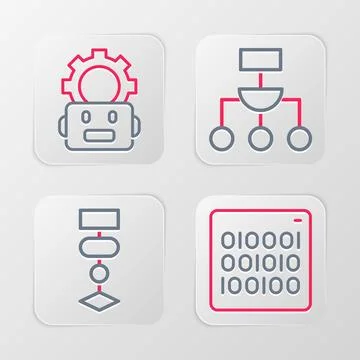 Set line Binary code, Algorithm, and Robot setting icon. Vector Stock Illustration