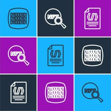 Set line Binary code, and Search NFT icon. Vector Stock Illustration