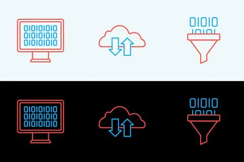 Set line Binary code,  and Cloud download and upload icon. Vector Stock Illustration
