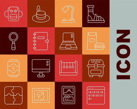 Set line Binary code Antique treasure chest Burger Table lamp Spiral notebook Stock Illustration