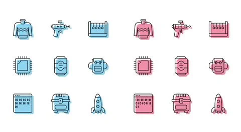 Set line Binary code, Antique treasure chest, Sweater, Rocket ship, Energy .. Illustrazione stock