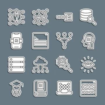 Set line Binary code, Artificial intelligence AI, Humanoid robot, Web developer イラスト素材