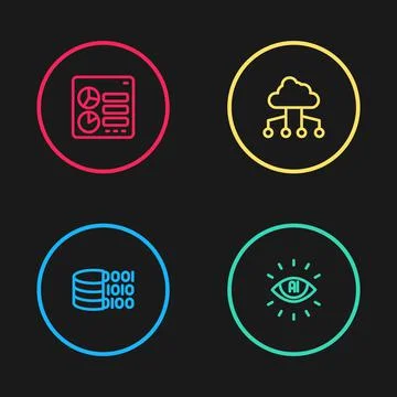 Set line Binary code, Artificial intelligence AI, Network cloud connection and Illustrazione stock