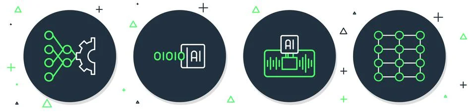 Set line Binary code, Artificial intelligence AI, Neural network and  icon. V Stock Illustration
