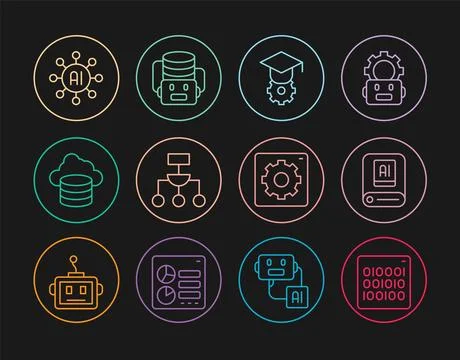 Set line Binary code, Artificial intelligence AI, Graduation cap, Algorithm.. Stock Illustration