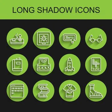 Set line Binary code, Book, Gamepad, T-shirt, Slippers with socks, Waistcoat Stock Illustration