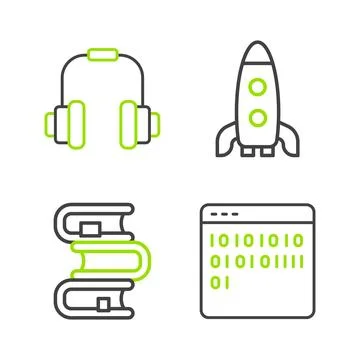 Set line Binary code, Book, Rocket ship and Headphones icon. Vector Stock Illustration