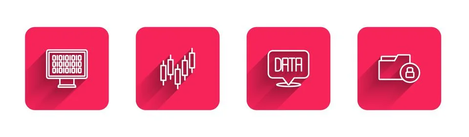 Set line Binary code, Browser with stocks market, Data analysis and Folder and Illustrazione stock