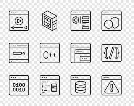 Set line Binary code, Browser with exclamation mark, setting, Software, Onl.. Stock Illustration
