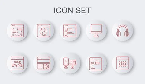 Set line Binary code, Browser with shield, files, Code terminal, Software, .. 스톡 일러스트