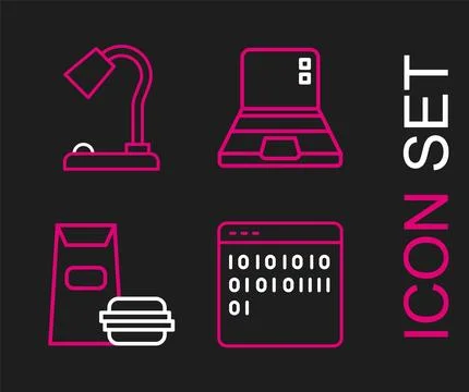 Set line Binary code, Burger, Laptop and Table lamp icon. Vector イラスト素材