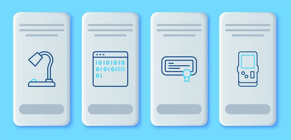 Set line Binary code, Certificate template, Table lamp and Tetris icon. Vector Stock Illustration