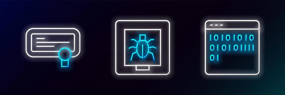 Set line Binary code, Certificate template and Insects frame icon. Glowing .. Stock Illustration