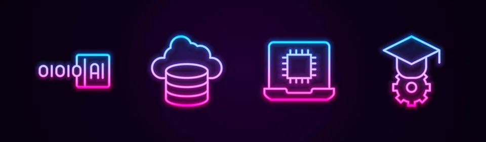 Set line Binary code, Cloud database, Processor CPU and Graduation cap. Glowing Stock Illustration