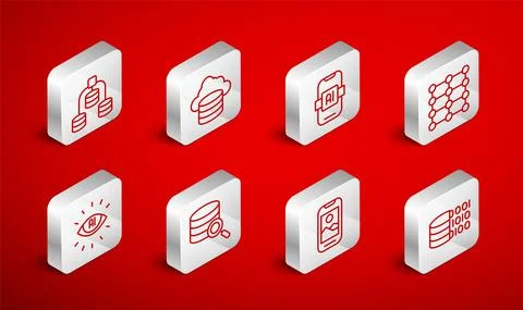 Set line Binary code, Cloud database, Artificial intelligence AI, Neural network Stock Illustration