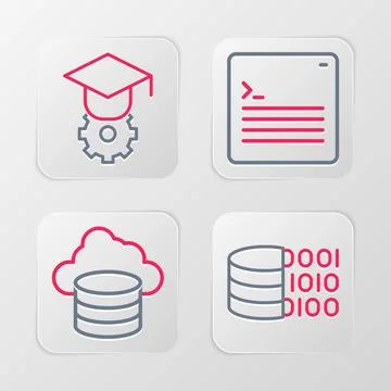 Set line Binary code, Cloud database, Web developer programming and Graduat.. Illustrazione stock