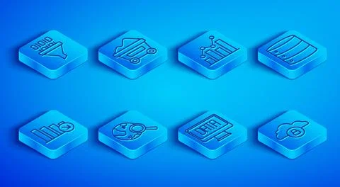 Set line Binary code, Coal mine trolley, Pie chart infographic, Search globe Stock Illustration