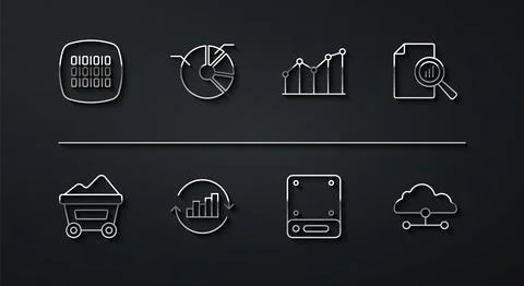 Set line Binary code, Coal mine trolley, Document with graph chart, Server,.. Stock Illustration