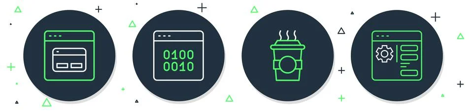 Set line Binary code, Coffee cup to go, Search engine and Browser setting icon Stock Illustration