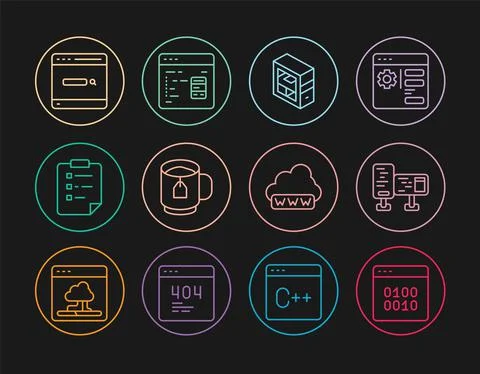 Set line Binary code, Computer monitor screen, Cup of tea with tea bag 스톡 일러스트