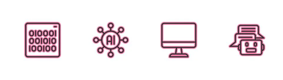 Set line Binary code, Computer monitor, Neural network and Chat bot icon. Vector 库存插图